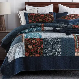 Navy Blue Vintage Paisley Print Patchwork Quilted Bedspread Set Fine Cotton Coverlet Set with Hypoallergenic Filling, Machine Washable, Includes Quilt and 2 Pillow Shams, Craftsman Quilting, Breathable Soft