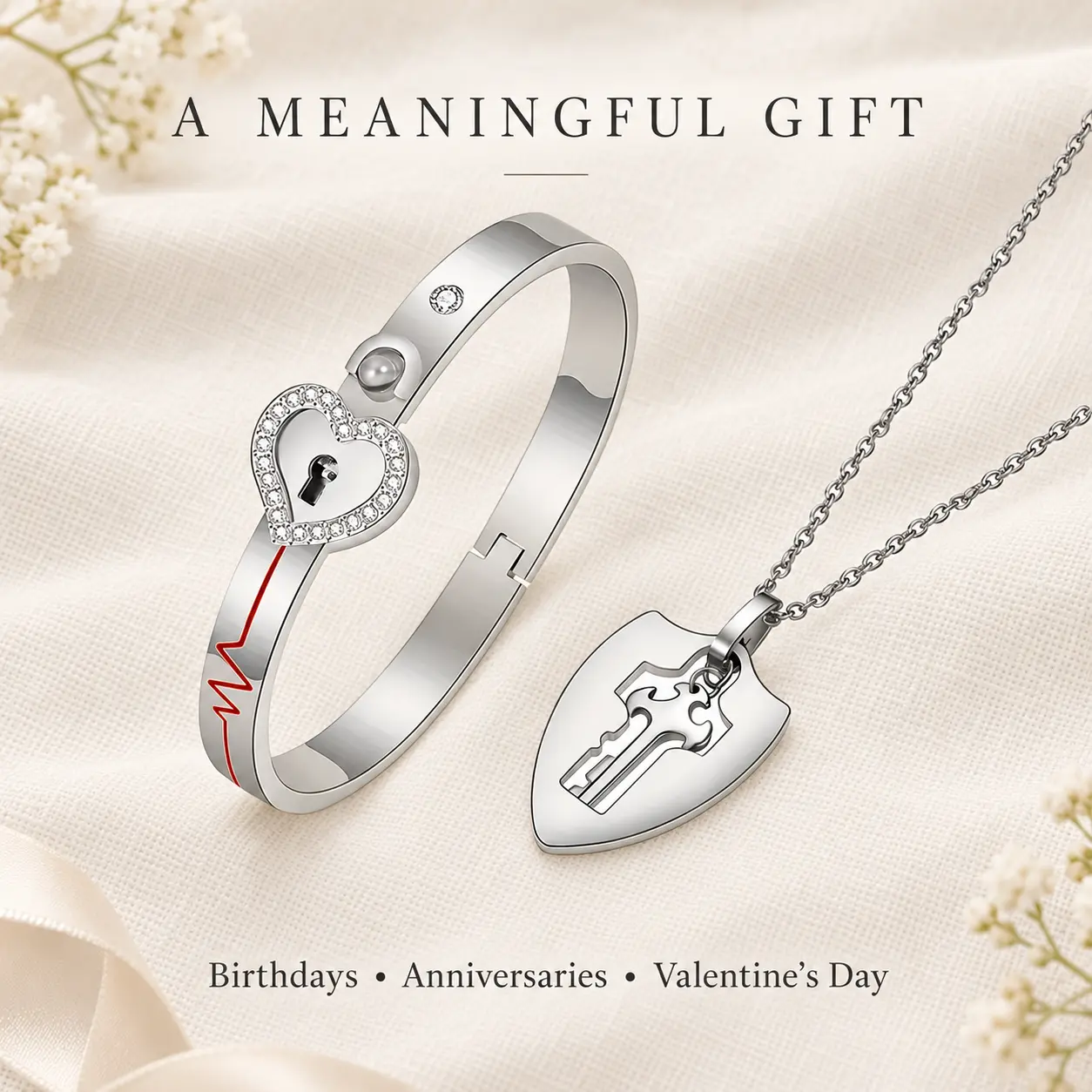 Stainless Steel Heart Lock Bracelet & Key Necklace Set, 100 Languages I Love You Projection, Bracelet Unlocks Only with Necklace Key, Couples Jewelry, Anniversary Birthday Valentine's Day Gift