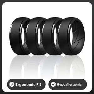 4Pack Black 7Men's Silicone Rings 10mm Wide 2.5mm Thick Rubber Bands, Inner Arc Ergonomic Breathable Engagement Rings