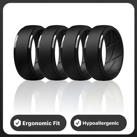 Men's 4-Pack Black Silicone Wedding Ring Sets - 10mm Wide, 2.5mm Thick, Inner Arc Ergonomic, Breathable, Waterproof, Durable, Flexible Mens Wedding Bands for Trekking, All Seasons Daily Wear