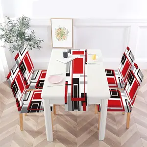 Abstract Red Chair Covers Set of 4 and Table Runner,Stretch Red Chair Slipcovers for Kitchen,Washable Removable Chair Protector Modern Chair Covers for Dining Room