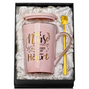 Biching Best Nurse Gifts for Women, Nurses' Day Gift, Nurse is a Work of Heart - 14oz Gold Printed Pink Ceramic Coffee Mug, Birthday Thank You Gift Present for Nursing School Student Graduation Nurses Day, Gift Boxed
