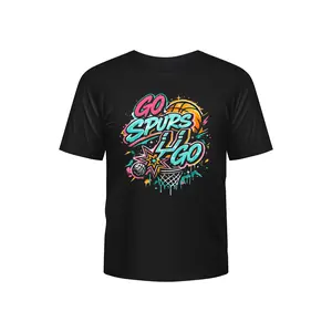 Go Spurs GoVibrant Graffiti Basketball Graphic T-Shirt, Bold Multicolor Street Art Basketball Design Tee, Black Cotton Crew Neck Shirt for Casual Sports Wear