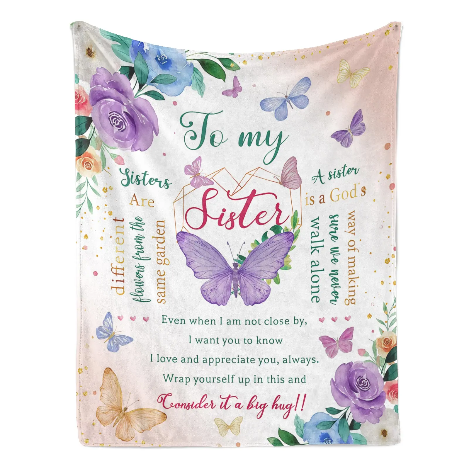 To My Sister Floral Butterfly Flannel Blanket - Ultra-Soft Fluffy Breathable Flower Blanket with Heartwarming Message, Butterfly Print & Floral Embellishments, Perfect Sentimental Christmas Gift for Sisters, Ideal for Snuggling, Flower Blankets, Butterfly