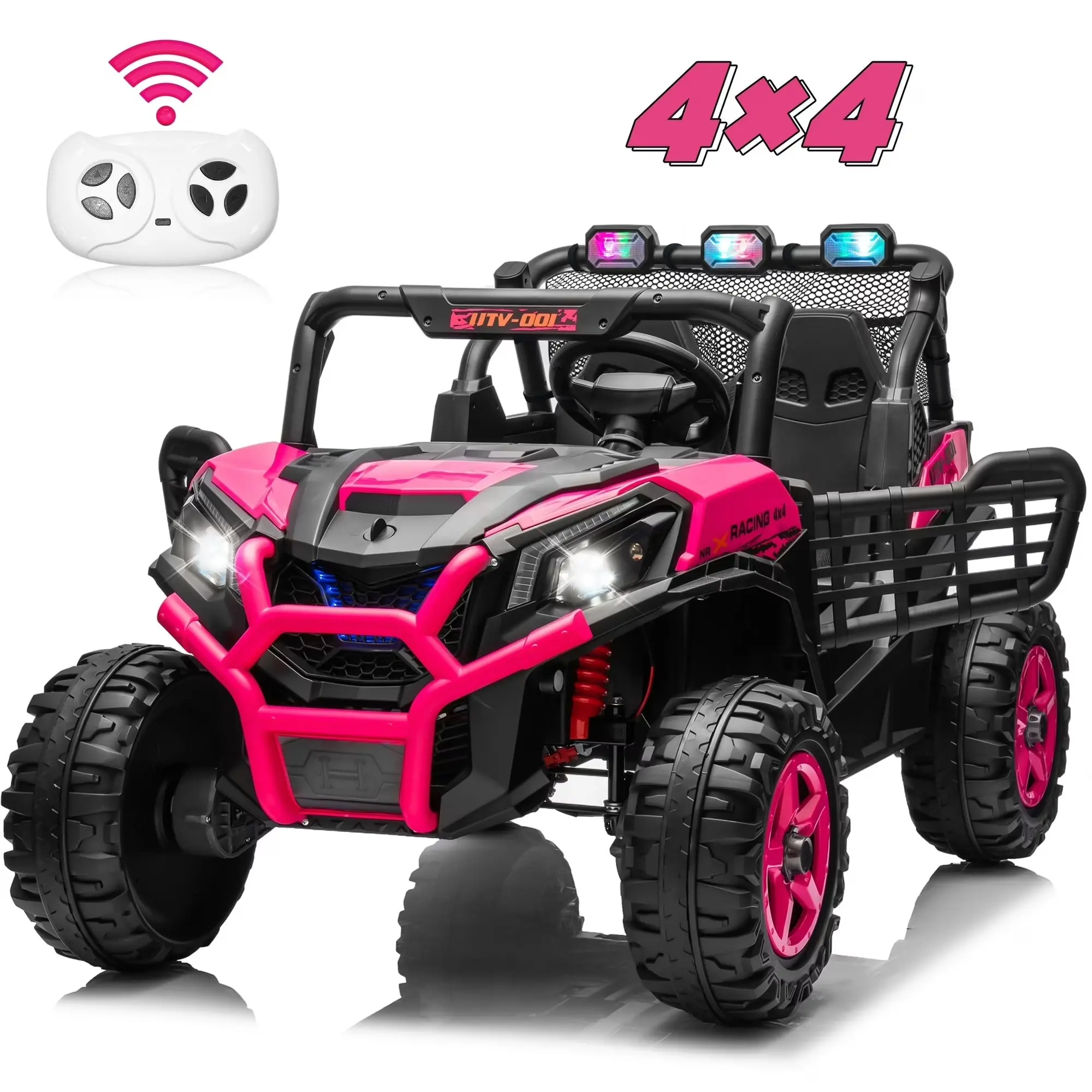 JOYRACER 4WD 24V Ride on Toys UTV with 2 XL Seaters, 4*200W Motor Kid Electric Power Car Wheels with Remote Control, LED Lights, Spring Suspension, 3 Speeds, Bluetooth Music, Electric Car for Big Kids, Perfect Gift for Boys and Girls Aged 3-8