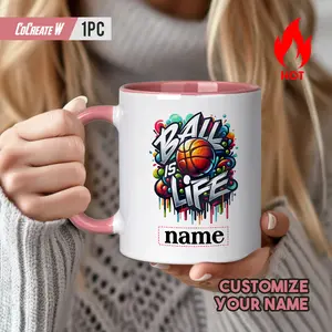 2026  A Customized 11-Ounce Ceramic Coffee Mug with The Name "Basketball Is Life" Featuring Graffiti Art, a Unique Gift for Basketball Enthusiasts, Vibrant Artwork And Printed Text, Dishwasher Safe, Suitable for F, Graffiti Design, Bright Prints