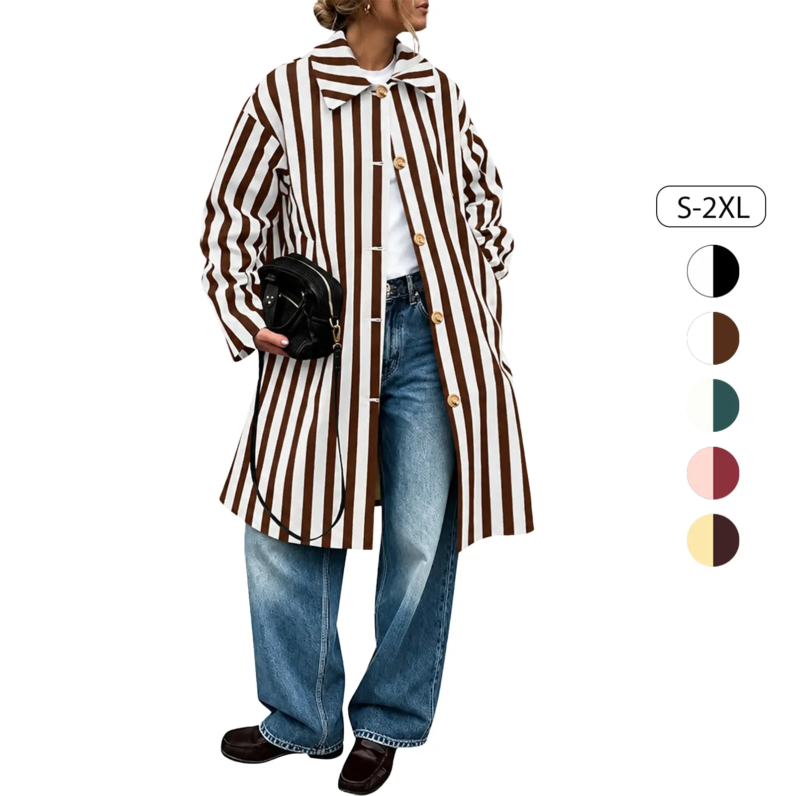 Tankaneo Women's Striped Trench Coat - Trendy Casual Fall Button-Down Outerwear, Long Sleeve Collared Tops Jackets