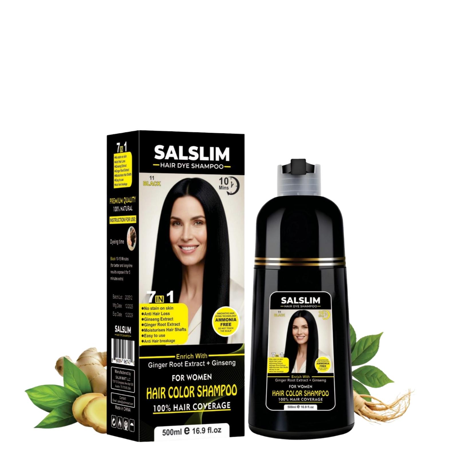 SALSLIM 7-in-1 Hair Dye Shampoo | Hair Color Shampoo for Gray Hair | Herbal & Natural Hair Dye Shampoo with Ginseng & Ginger Roots | Ammonia Free | Long Lasting | Men & Women