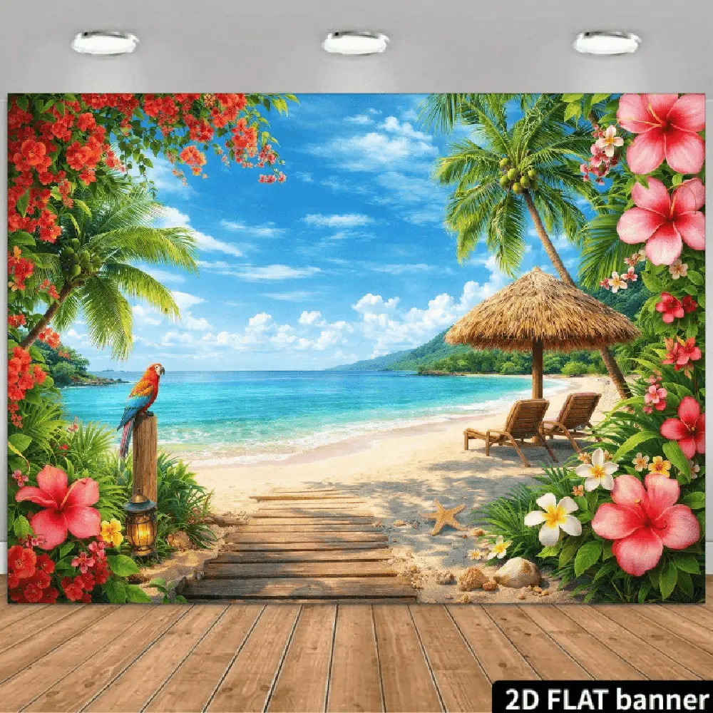 2D Flat Polyester Fabric Photography Backdrop Cloth - HD Print, Soft, Lightweight, Foldable Tropical Beach Ocean Scene with Palm Trees, Flowers for Summer Party Decor, Photographic Images