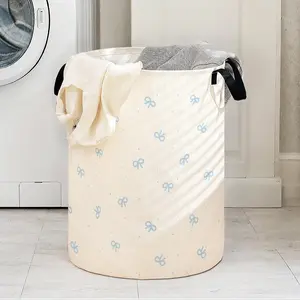 Blue Bow Print Laundry Basket with Handle, Durable Halloween Foldable Dirty Clothes Storage Bin, Large Capacity Toy Organizer, Collapsible Laundry Hamper