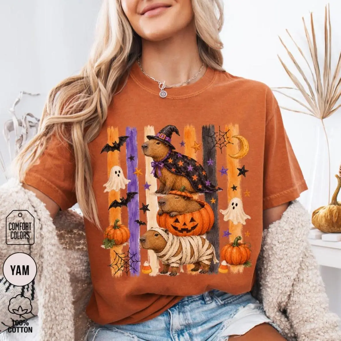 Comfort Colors Striped Capybara Halloween T-Shirt - Funny Witch Capybara Graphic, Cute Pumpkin Design, Spooky Fall Item, Animal Lover Gift, Soft All-Day Comfort