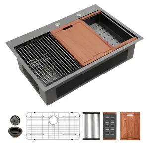 Kichae 33"x22" Gunmetal Black Drop-in Kitchen Sink 16 Guage Stainless Steel Workstation Sink with Cutting Board,Two Faucet Hole,Colander