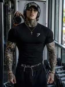 Men's Round Neck Short Sleeve T-Shirt, Silk-Like Stretch Breathable Quick-Dry Comfort, Gym Training Sportswear, Logo Print Fashion Tee, Gym Shirts