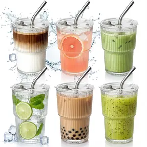 13oz Reusable Clear Ribbed Glass Tumbler with Lid & Straw, Aesthetic Vertical Striped Cup for Iced Coffee, Bubble Tea, Smoothies