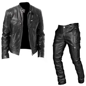 FallWinterMenSuitLeatherClothesLeatherPantsTwo-PiecePULeatherCasualSuitMedievalClothesGift
