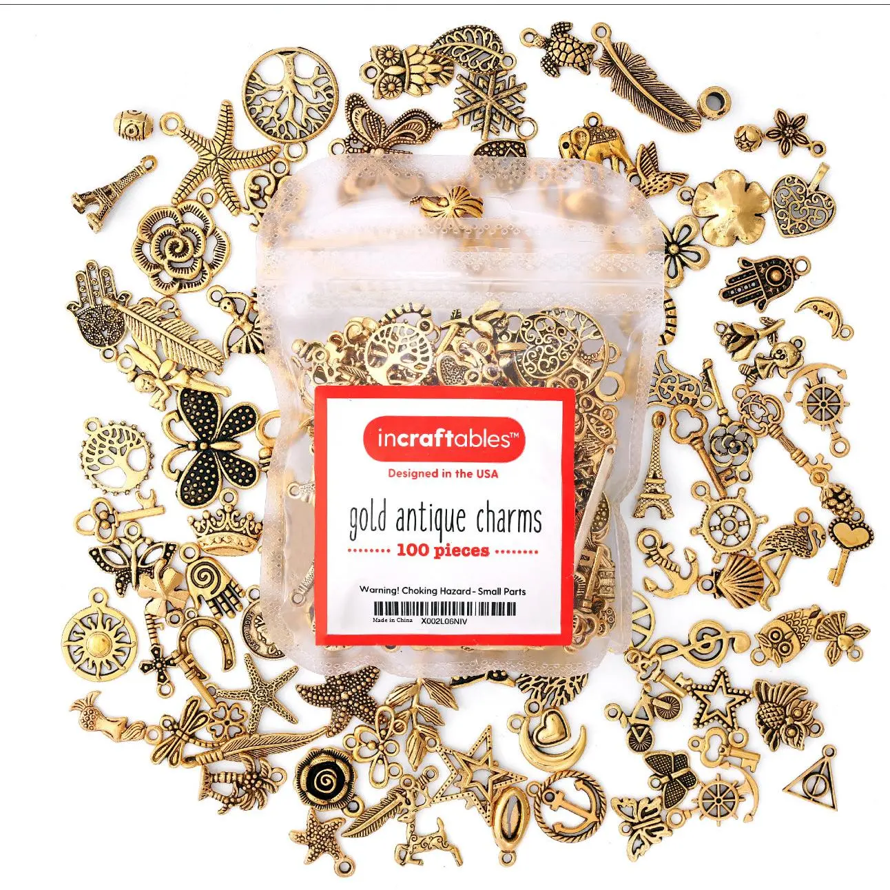 Incraftables 100pcs Antique Gold Charms for Jewelry Making with 15pcs Clasps & Rings. Best Antique Metal Designer Charm for DIY Bracelets & Necklaces. Bulk Assorted Charms for Crafting Supplies