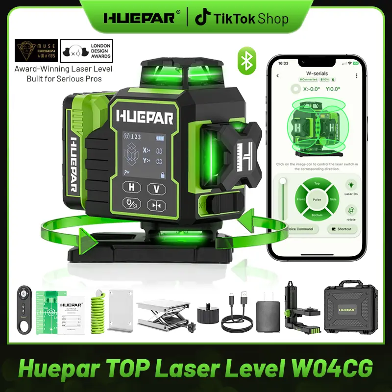 Huepar W04CG 4D 16-Line Green Cross Laser Level, 4x360° Self-Leveling with Bluetooth, Electric Rotating Base, Large LCD Screen, Remote Control, Type-C Charge, Foam Inserts, Accurate Alignment, Charge-and-Use Simultaneously for Construction