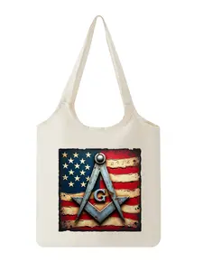 Vintage Masonic Square and Compass with Letter G on American Flag Print Tote Bag for Everyday Use Durable Reusable Shopping Bag Ideal for Masonic Lodge Members Gift for Independence Day Fourth of July Patriotic Celeb