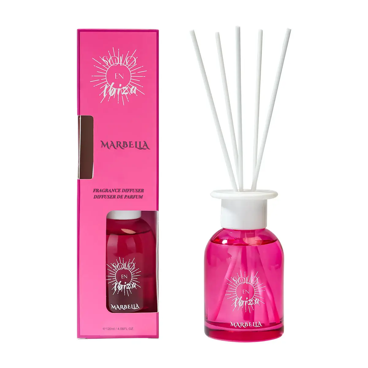 SOLO EN IBIZA Marbella Room Aroma Freshener Bottle, 4.06 fl.oz/120ml Floral Sweet Fragrance Diffuser with Pitaya, Lychee, Hibiscus, Vanilla for Home, Bath Use