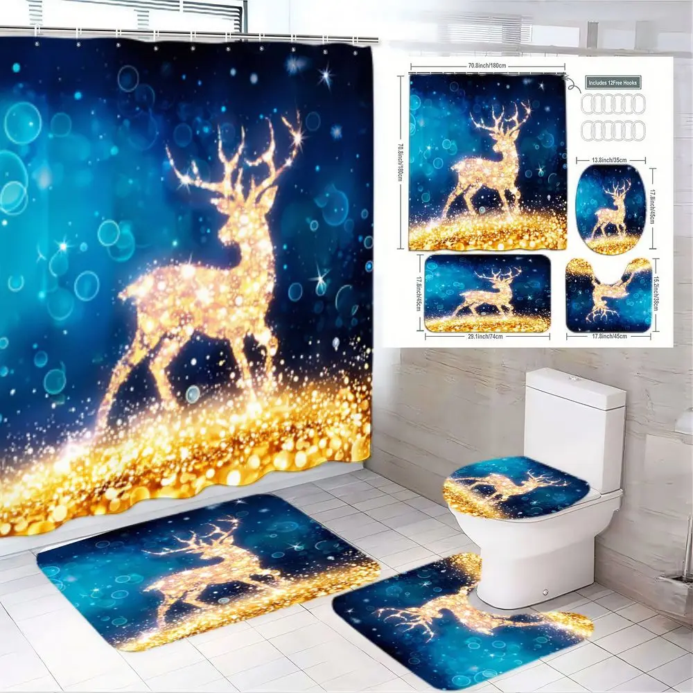 1/4pcs Magical Winter Holiday Bathroom Decor Set - Sparkling Gold Glitter Stag Shower Curtain with Dreamy Bokeh Lights, Luxurious Bath Mat, U-Shaped Toilet Mat & Round Lid Cover for a Cozy Festive Touch in Your Bathroom