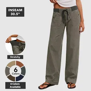 Flamingals Solid Seam Detail Drawstring Mid Rise Straight Leg Pants High Stretch Fabric Women's Wear Minimalist Fit Basic Style Multiple Colors