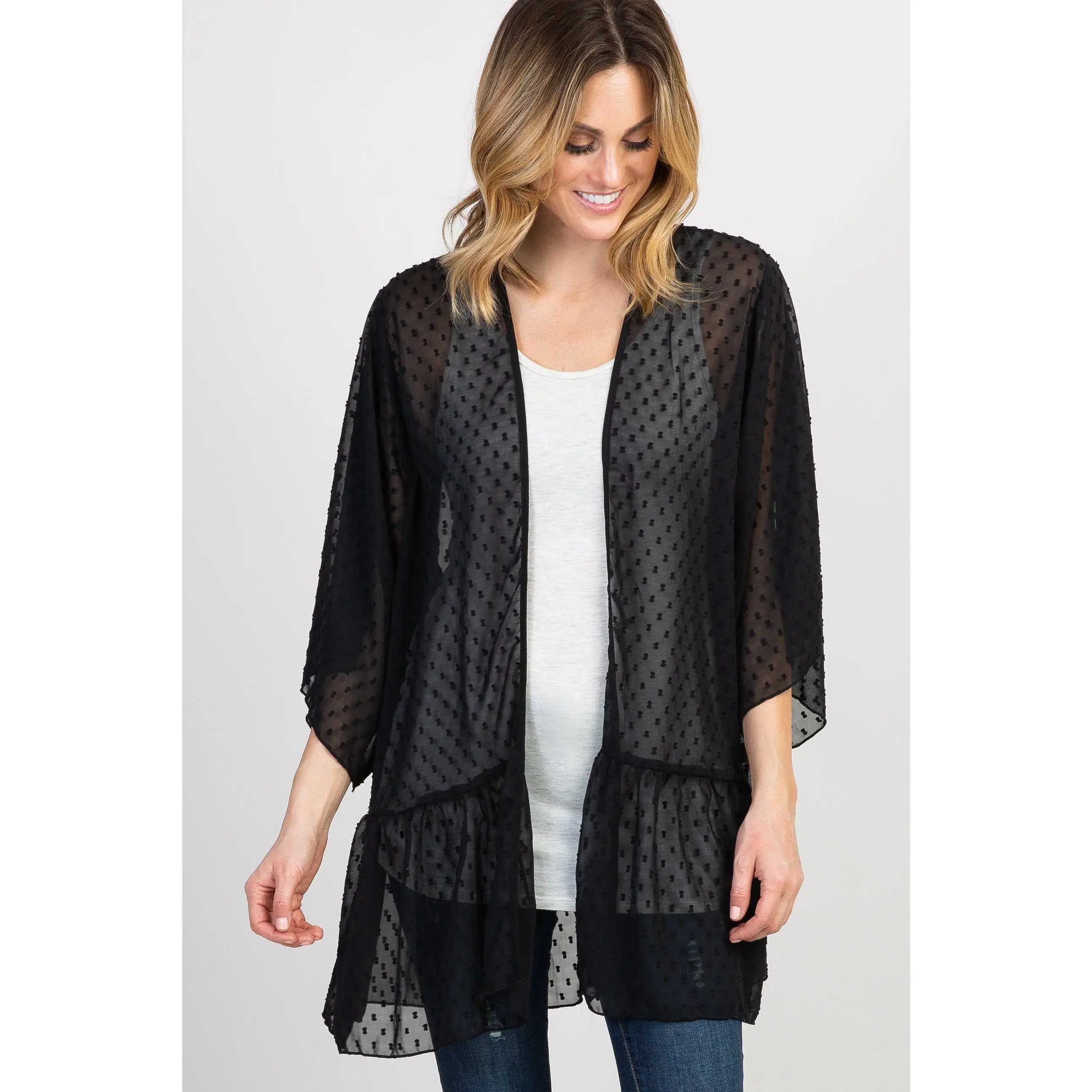 Women's Sheer Chiffon Beach Cover Up, Black Swiss Dot Open Front Kimono with 3/4 Bell Sleeves, Beach Cover Ups