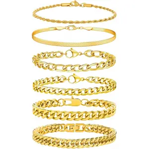 6 count Chain Bracelet for Men, Stainless Steel Cuban Curb Link Rope Paperclip Figaro Herringbone Chain Bracelets Set Jewelry Gifts for Man Woman Boys 7.5/8.3/9 Inches-USA