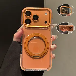 Xingyu Orange Transparent 360 degree Rotating Magnetic Metal Bracket with Lens Protection Cover Suitable for Apple/iPhone 17 16 15 14 3 12 Promax Plus Air Compatible with MagSafe Wireless Charging Metal Button Phone Protection Case Holiday Gift