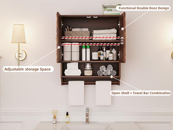 Giratree 24'' Medicine Cabinet with Carved Floral Doors, Wall Mounted Bathroom Cabinet with Towel Bar, Adjustable Shelf and Soft-Close Hinges for Small Spaces