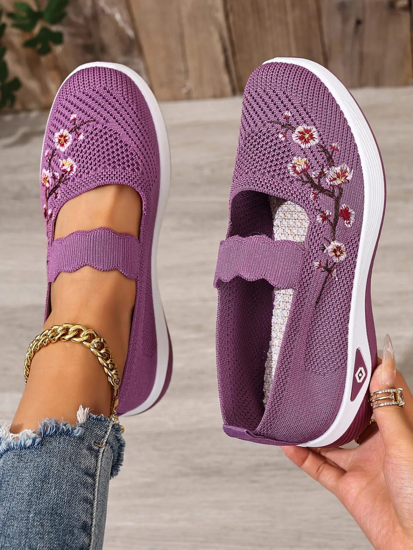 Women's Floral Embroidered Mesh Slip-On Sneakers, Breathable Knit Comfort Walking Shoes, Non-Slip Rubber Platform Casual Mary Jane Flats, Rubber Slip Ons, Casual Flat Footwear, Casual Fashion Shoes, Casual Lifestyle Footwear