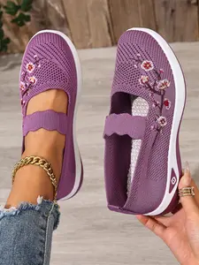 Women's Floral Embroidered Mesh Slip-On Sneakers, Breathable Knit Comfort Walking Shoes, Non-Slip Platform Casual Mary Jane Flats