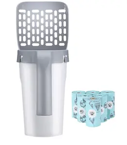 2 in 1 Cat Litter Scooper with 6 Bag Rolls (90 bags), Integrated Detachable Deep Cat Litter Shovel with Waste Container, Cat Litter Disposal System