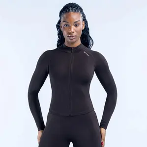 (With Logo) DFYNE Black Seamless Long Sleeve Workout Set - Full Zip Jacket & High Waist Biker Shorts 2-Piece Compression Outfit for Women