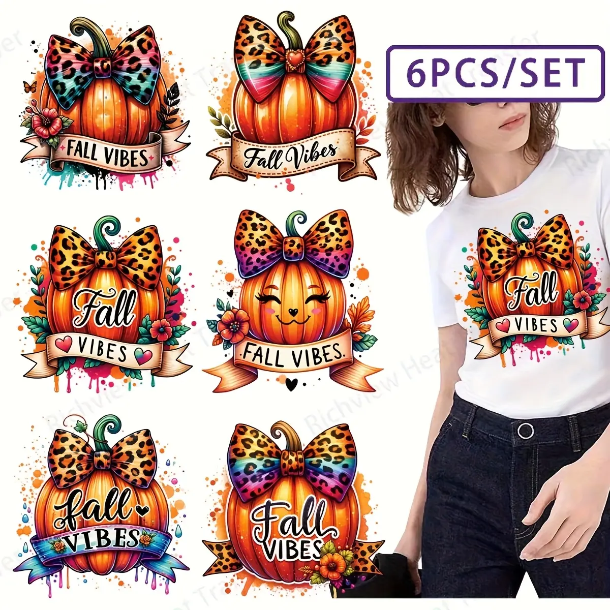 Fall Vibes Pumpkin Iron-On Patches Set, Printed Vinyl Heat Transfers with Bow Design, Washable DIY Craft Accessories for Autumn Decoration