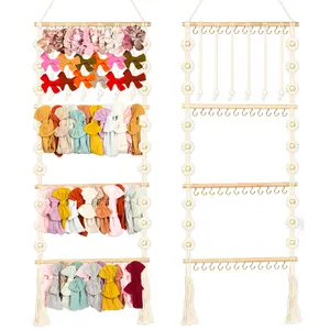 Boho Sunlit Headband Holder - Macrame Bow Organizer for Baby Girl with 96 Hooks, 60 Clip Bows, Wooden Beads, and 6 Slings - Perfect Gift for New Moms