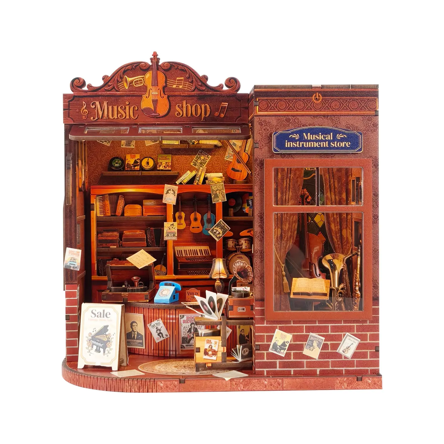 DIY Miniature Music Shop House Kit with LED Light, Vintage Wooden Dollhouse Building Kit, 3D Wooden Puzzle Model, Handmade Mini Music Instrument Store, Retro Book Nook Style Craft Kit, Desktop Shelf Decor, Home Room Decoration, Creative Gift for Adults