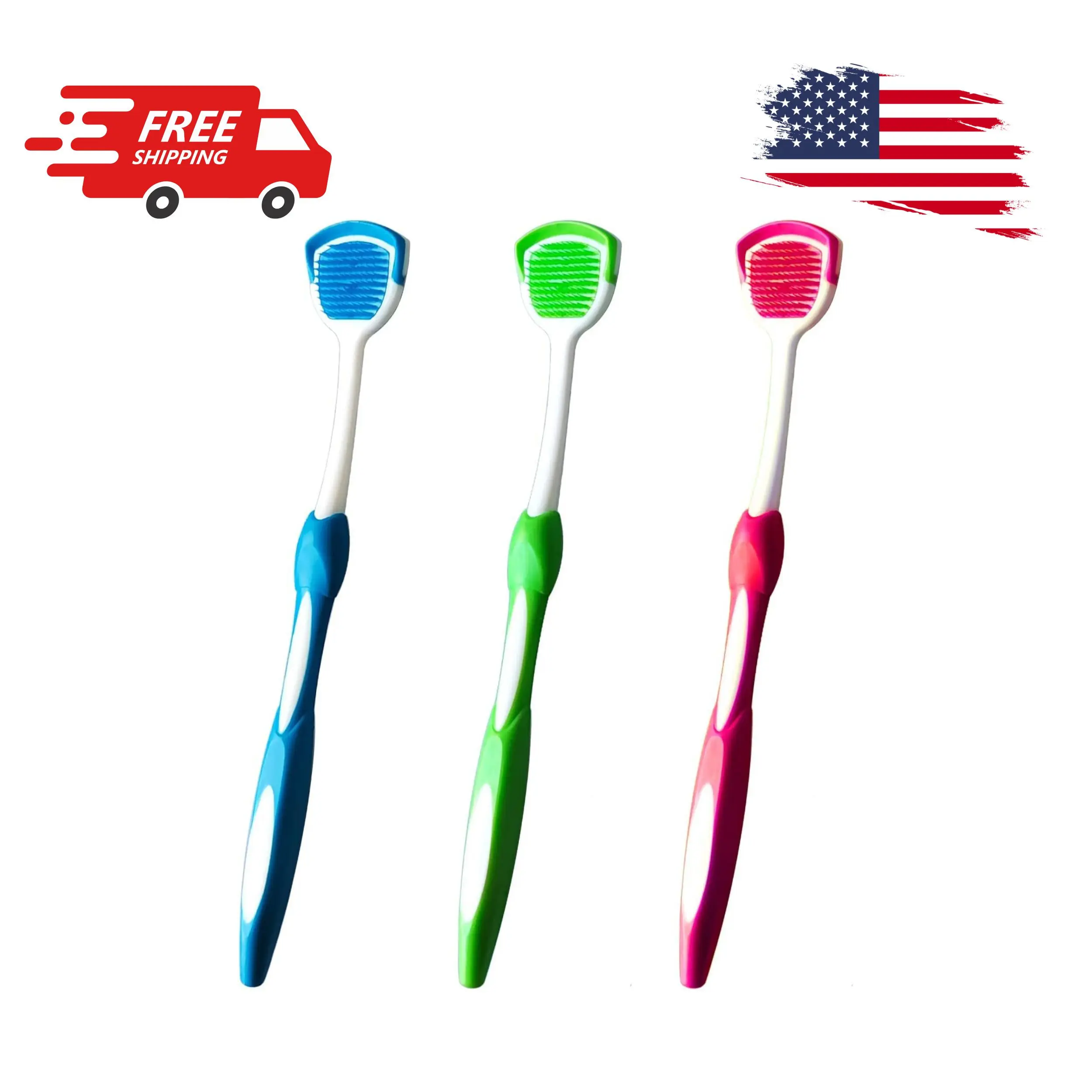 Tongue Brush, Tongue Scraper, Tongue Cleaner 3 Pack (Blue & Green & Red)