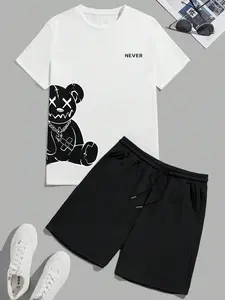 Two-Piece Set Men's Cartoon Bear & Letter Graphic Print Short Sleeve Crop Tee & Shorts, Regular Fit Casual Round Neck T-shirt & Track Shorts, Men's Summer Clothes, Summer Outfit Set, Menswear