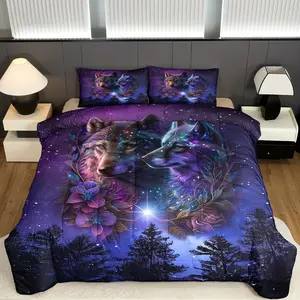 Starry Sky Wolf Totem Bedding Set, 3 Piece (quilt with Filler + 2 Pillowcases), Ultra Soft Cotton, Comfortable Bedroom Ensemble