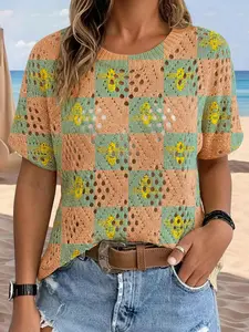 Women's Elegant Geometric Patchwork Floral Animal Bee Print Round Neck Short Sleeve Knit Sweater, Casual Versatile Top for Spring Summer Fall