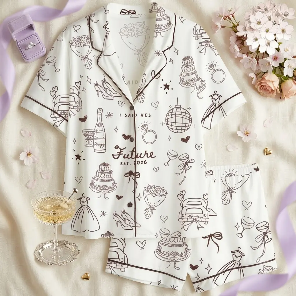 Future Est 2026 Bride Bridal Pajama Set White Bachelorette Party PJs I Said Yes Wedding Doodle Print Lounge Set Short Sleeve Button Down Shirt Shorts Sleepwear Honeymoon Bridal Shower Gift for Women Soft Cozy Loungewear Trendy Matching Pyjamas