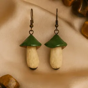 Enchanted Forest Mushroom Earrings - OOAK Hand-Sculpted Polymer Clay with Tiger's Eye Cabochons Hypoallergenic Hooks 2" Length