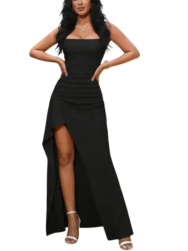 ROSEGALETTE Women's Chic wedding guest dresses Sleeveless Blush Pink Square Neck birthday dresses Ruched High Slit Ankle-Length Bodycon Formal Dress -elegant formal dresses 2026 Party Dresses, Graduation Attire Style, dress for wedding guest backtoschools