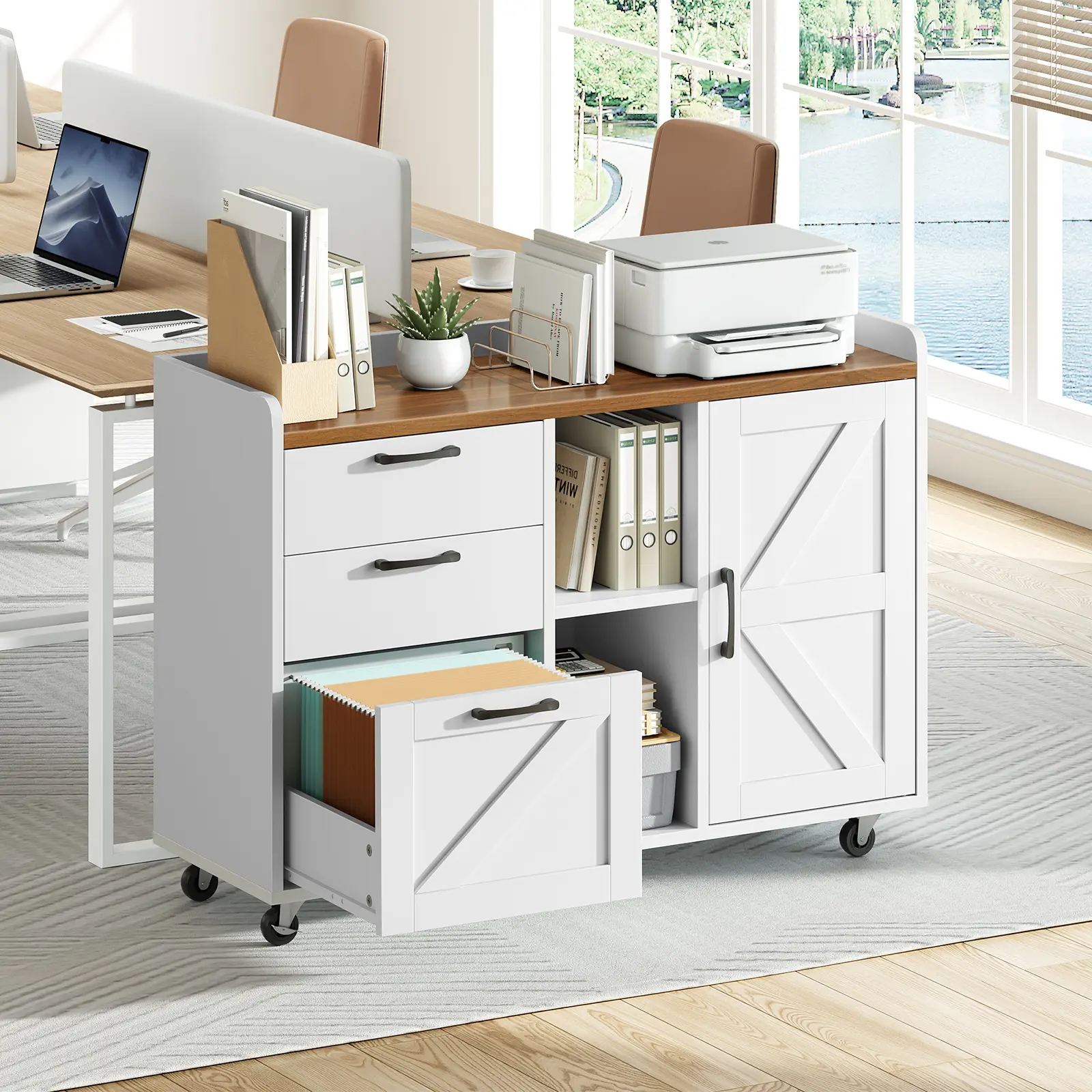 HOOBRO Rustic 3-Drawer Farmhouse Lateral Filing Cabinet - White Wooden Modern Office Furniture with Door, Charging Station, Power Outlet, Casters, Adjustable Design, Home Office Workstation Compatibility, A4/Letter Size Hanging File Fit, Assembly Required