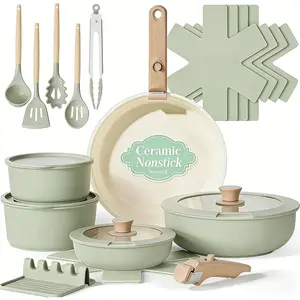 Chef Non Stick Pots and Pans Set, 21 Pcs Ceramic Kitchen Cookware Set with Detachable Handle, Nonstick Healthy Induction Cookware, Dishwasher RV Cookware Set, Oven Safe, Stackable, Sage Green