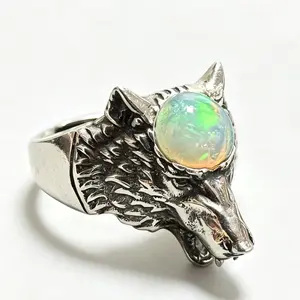 Natural Opal Wolf Head Ring | 925 Silver Adjustable Gothic Style