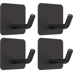Adhesive Hooks, Heavy Duty Shower Wall Stick  Hooks, , 2 Extra Adhesive Strips, Black, 4 count