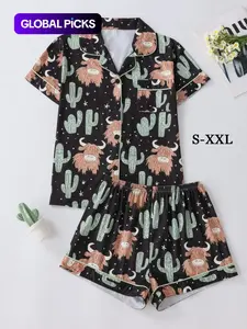 Women's All Over Cartoon Yak & Cactus Print Short Sleeve Pajama Two-Piece Set, Casual Comfy Button Front Chest Pocket Design Lapel Neck Top & Elastic Waist Shorts PJ Set, Ladies Sleepwear for All Seasons, Loungewear, Soft Lounge Sets