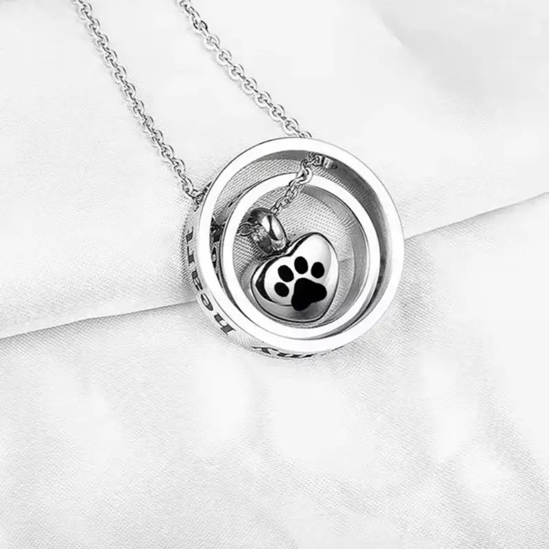Pet Ashes Memorial Necklace with Heart-Shaped Paw Print Design and Chain for Remembrance