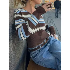 Women’s loose knitted cardigan for spring and autumn, featuring a V-neck, retro striped color-block design, long sleeves, front button closure—fashionable graduation knit top